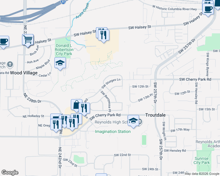 map of restaurants, bars, coffee shops, grocery stores, and more near 1933 Southwest Daybreak Way in Troutdale