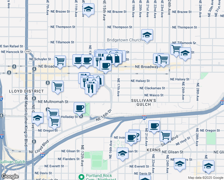 map of restaurants, bars, coffee shops, grocery stores, and more near 1300 Northeast 16th Avenue in Portland