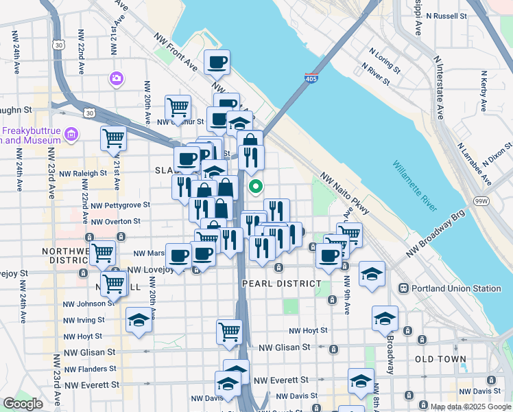 map of restaurants, bars, coffee shops, grocery stores, and more near 106 Northwest 15th Avenue in Portland
