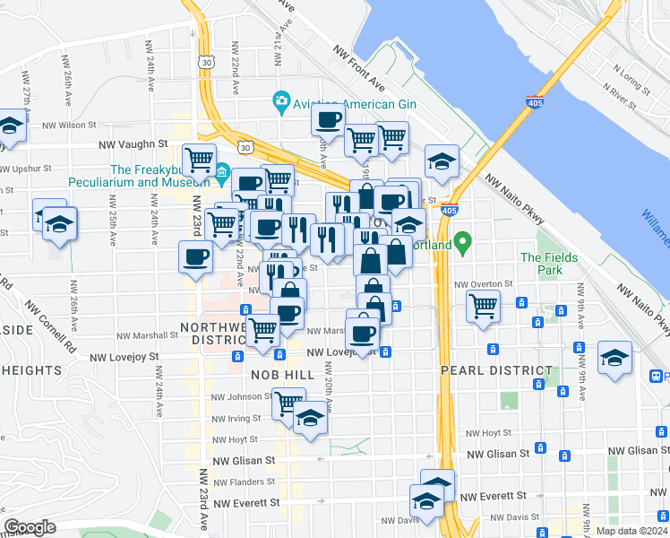 map of restaurants, bars, coffee shops, grocery stores, and more near 2010 Northwest Pettygrove Street in Portland