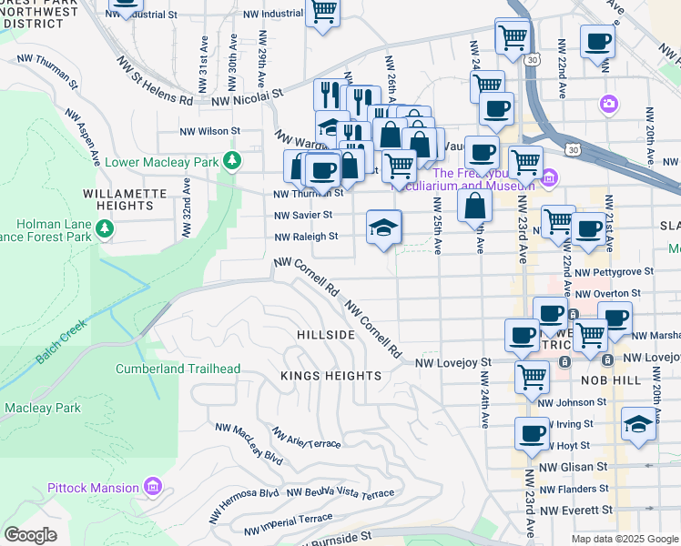 map of restaurants, bars, coffee shops, grocery stores, and more near 2730 Northwest Pettygrove Street in Portland