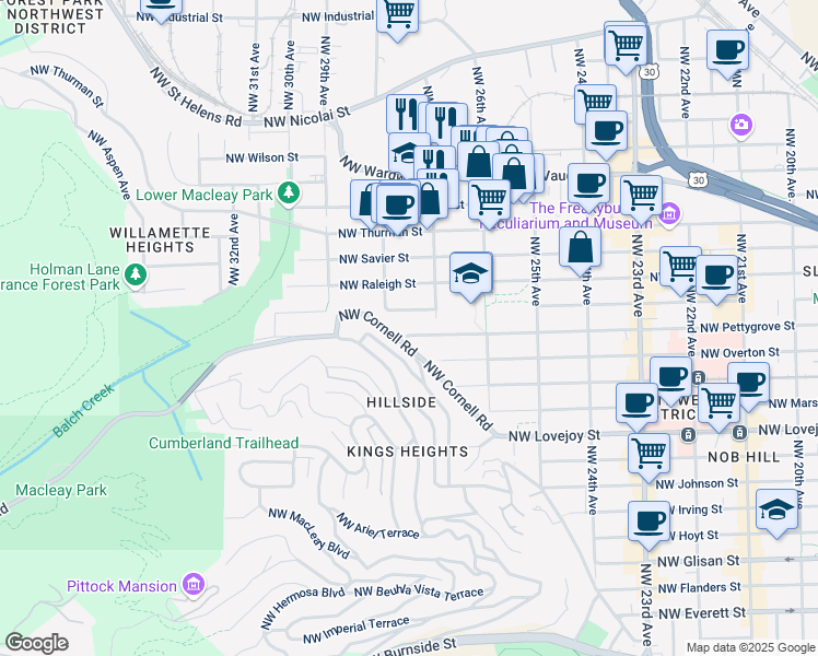 map of restaurants, bars, coffee shops, grocery stores, and more near 2730 Northwest Pettygrove Street in Portland