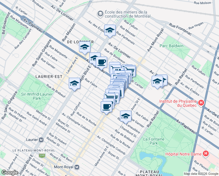 map of restaurants, bars, coffee shops, grocery stores, and more near 4576 Rue Marquette in Montréal