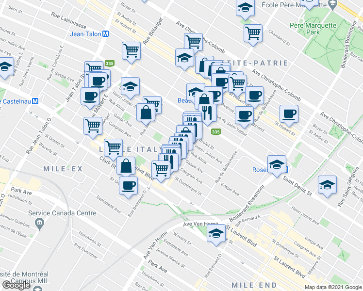 map of restaurants, bars, coffee shops, grocery stores, and more near 6517 Rue Alma in Montréal