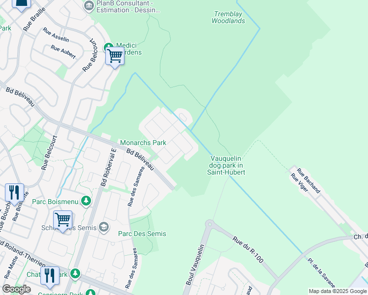 map of restaurants, bars, coffee shops, grocery stores, and more near 3425 Rue des Fadets in Longueuil