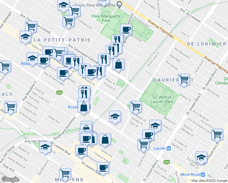 map of restaurants, bars, coffee shops, grocery stores, and more near 5644 Rue Saint-André in Montréal