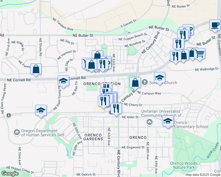 map of restaurants, bars, coffee shops, grocery stores, and more near 6290 Northeast Carillion Drive in Hillsboro