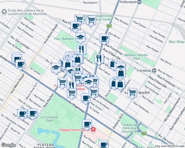 map of restaurants, bars, coffee shops, grocery stores, and more near 2205 Rue Sherbrooke Est in Montréal