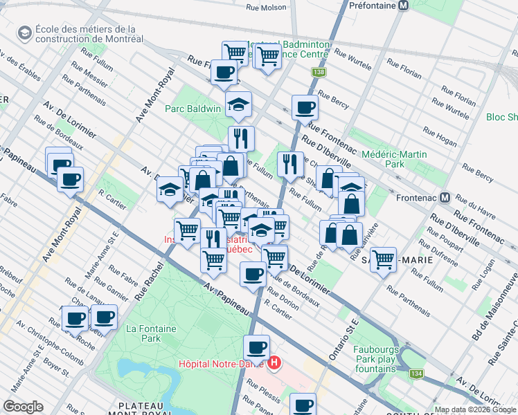 map of restaurants, bars, coffee shops, grocery stores, and more near 2184 Rue Gauthier in Montréal
