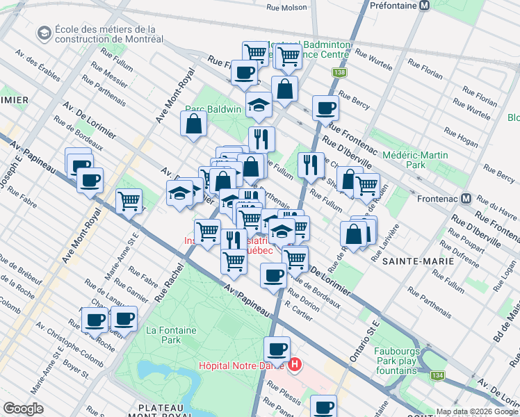 map of restaurants, bars, coffee shops, grocery stores, and more near 4043 Avenue des Érables in Montréal