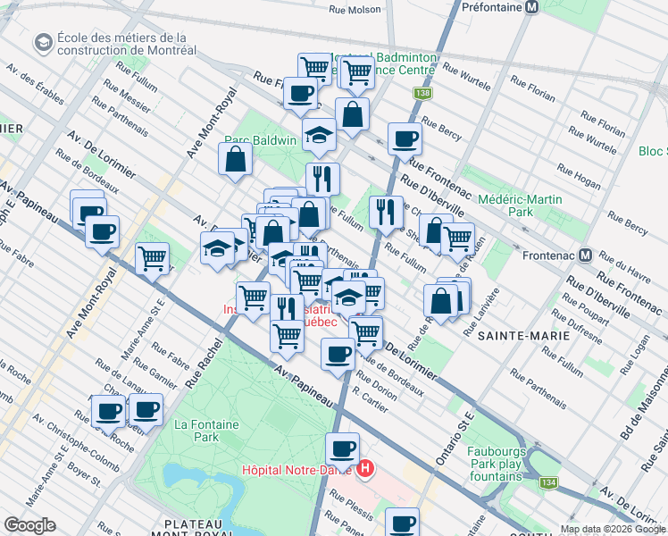 map of restaurants, bars, coffee shops, grocery stores, and more near 2169 A Rue Gauthier in Montréal