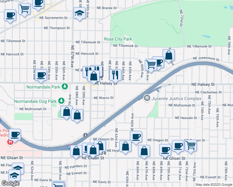 map of restaurants, bars, coffee shops, grocery stores, and more near 6322 Northeast Halsey Street in Portland