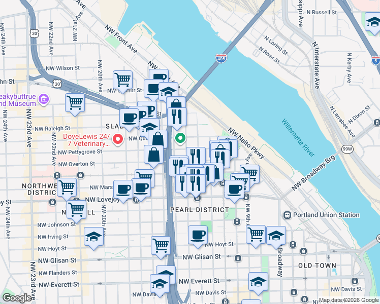 map of restaurants, bars, coffee shops, grocery stores, and more near 1330 Northwest 14th Avenue in Portland