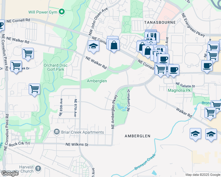 map of restaurants, bars, coffee shops, grocery stores, and more near 1915 Northwest Amberglen Court in Hillsboro