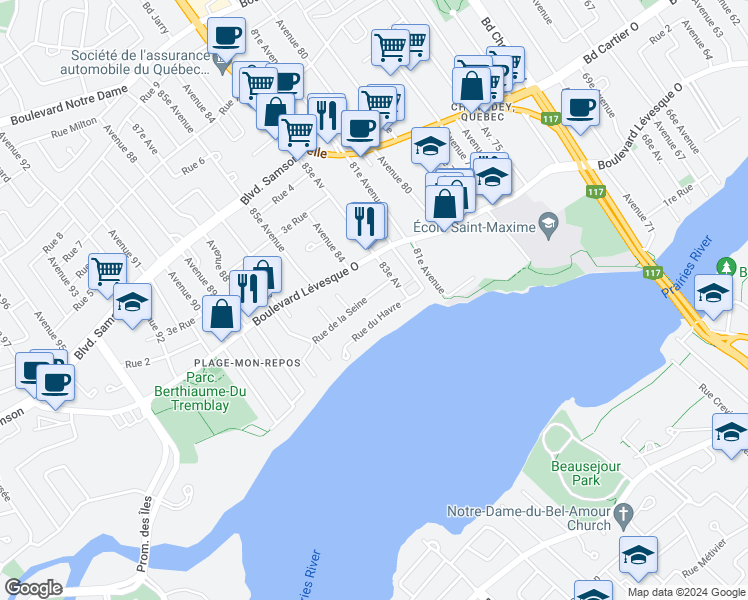 map of restaurants, bars, coffee shops, grocery stores, and more near 3952 Rue de la Seine in Laval