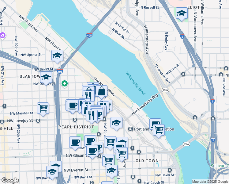 map of restaurants, bars, coffee shops, grocery stores, and more near 1310 Northwest Naito Parkway in Portland