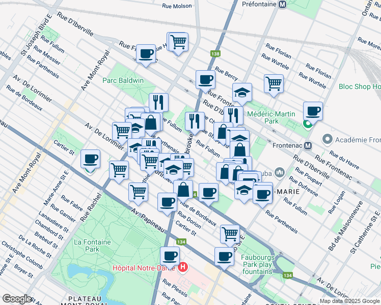 map of restaurants, bars, coffee shops, grocery stores, and more near 2240 Rue Sherbrooke Est in Montréal