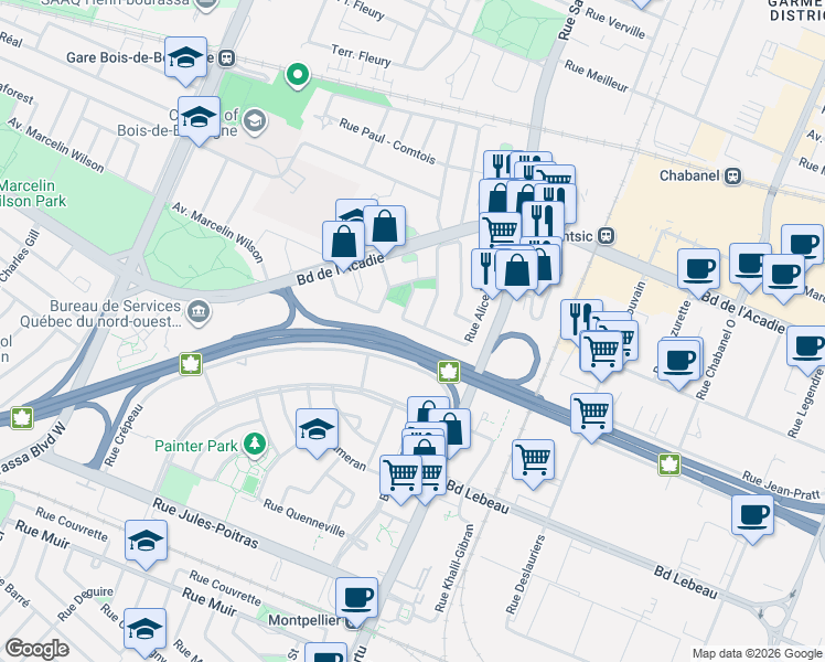 map of restaurants, bars, coffee shops, grocery stores, and more near 2500 Rue Alice Nolin in Montréal