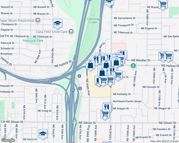 map of restaurants, bars, coffee shops, grocery stores, and more near 9908-9924 Northeast Halsey Street in Portland