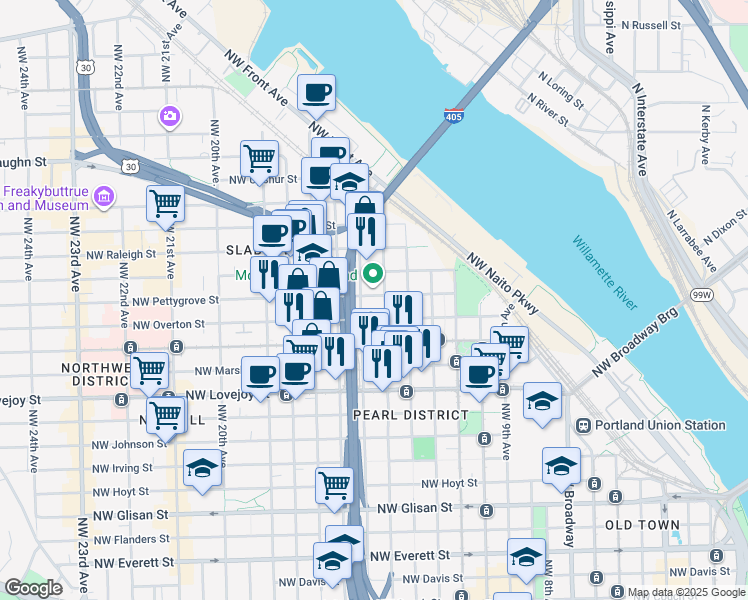 map of restaurants, bars, coffee shops, grocery stores, and more near 106 Northwest 15th Avenue in Portland