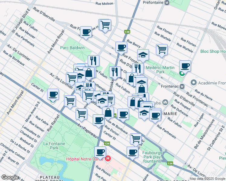 map of restaurants, bars, coffee shops, grocery stores, and more near in Montreal