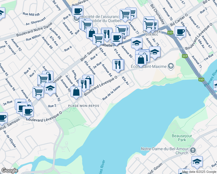 map of restaurants, bars, coffee shops, grocery stores, and more near 4085 Rue de la Seine in Laval