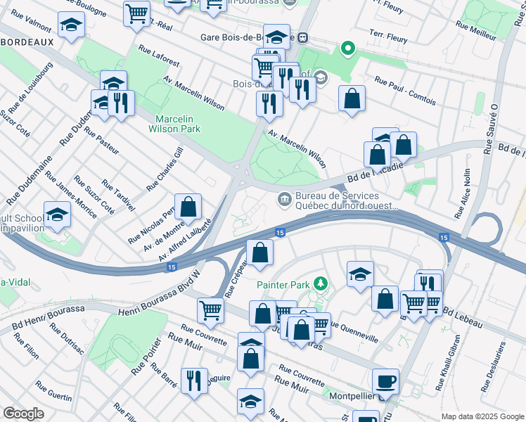 map of restaurants, bars, coffee shops, grocery stores, and more near 10570 Place de l'Acadie in Montréal