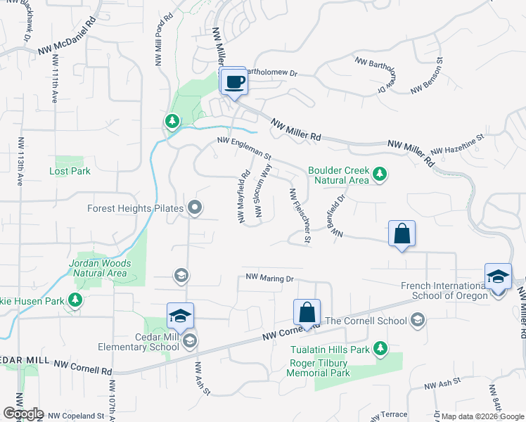 map of restaurants, bars, coffee shops, grocery stores, and more near 1318 Northwest Slocum Way in Portland