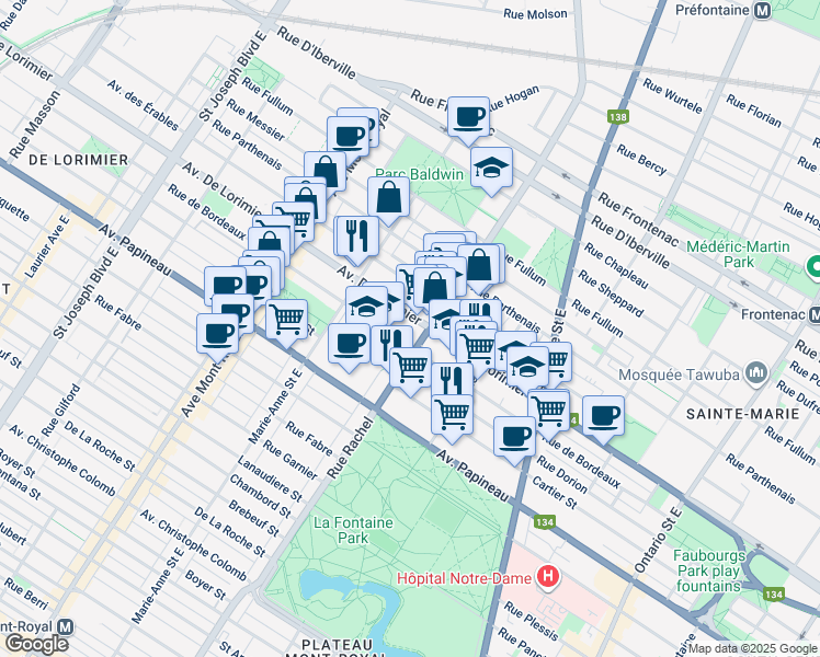 map of restaurants, bars, coffee shops, grocery stores, and more near 4216 Avenue De Lorimier in Montréal