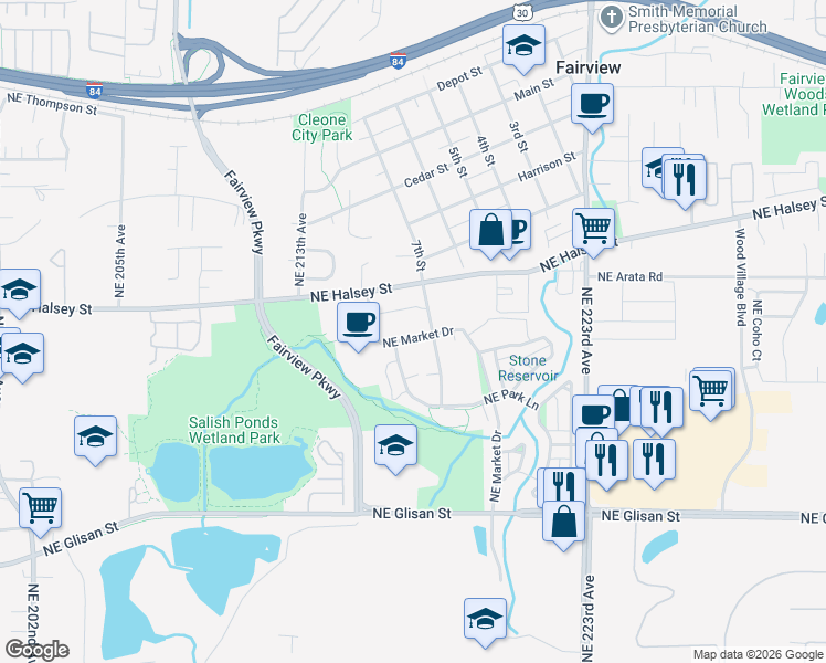 map of restaurants, bars, coffee shops, grocery stores, and more near 1635 Northeast Market Drive in Fairview