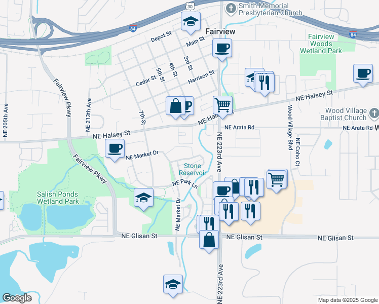 map of restaurants, bars, coffee shops, grocery stores, and more near 21989 Northeast Chinook Way in Fairview