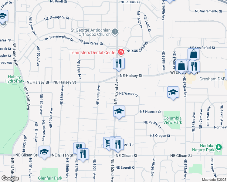 map of restaurants, bars, coffee shops, grocery stores, and more near 1353 Northeast 162nd Avenue in Portland