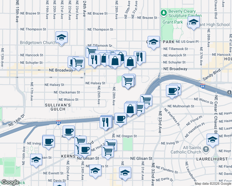 map of restaurants, bars, coffee shops, grocery stores, and more near 1327 Northeast 28th Avenue in Portland