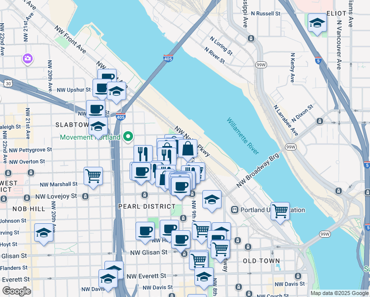 map of restaurants, bars, coffee shops, grocery stores, and more near 917 Northwest Overton Street in Portland