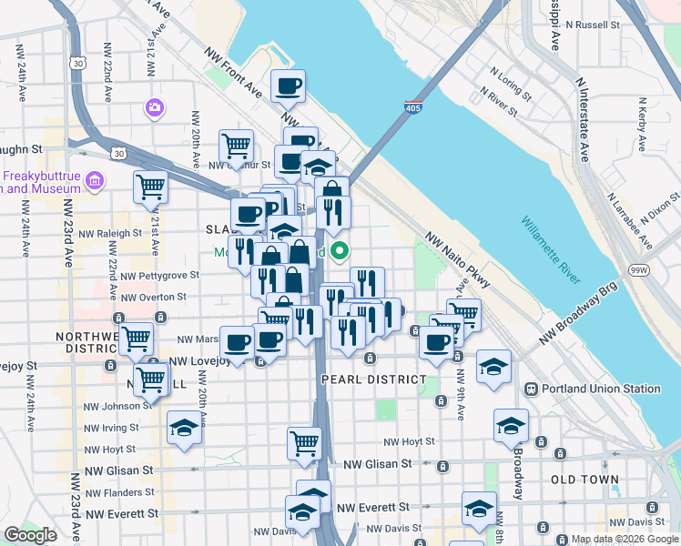 map of restaurants, bars, coffee shops, grocery stores, and more near 106 Northwest 15th Avenue in Portland