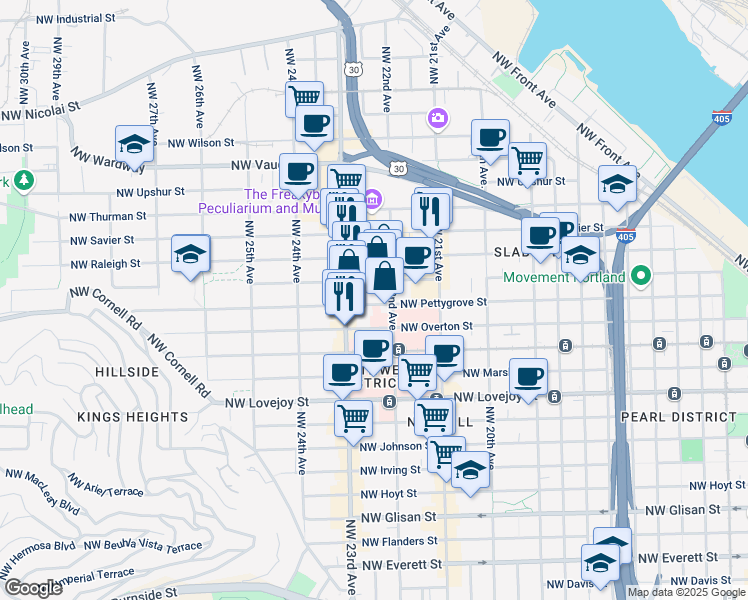 map of restaurants, bars, coffee shops, grocery stores, and more near 2216 Northwest Pettygrove Street in Portland