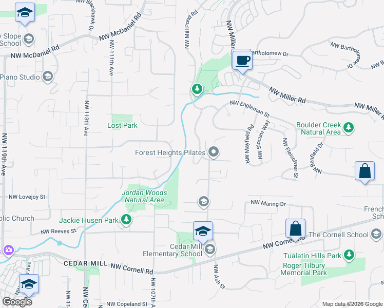 map of restaurants, bars, coffee shops, grocery stores, and more near 10388 Northwest Forestview Way in Portland