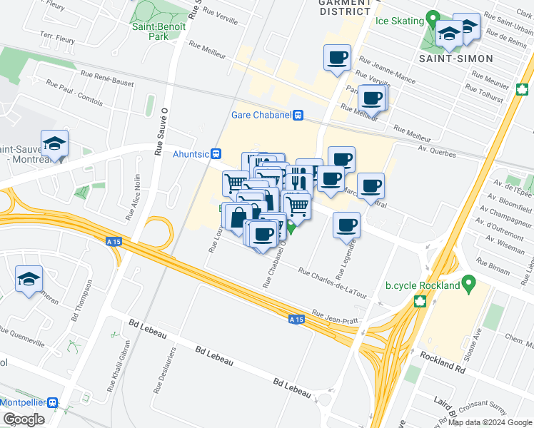 map of restaurants, bars, coffee shops, grocery stores, and more near 1350 Rue Mazurette in Montreal