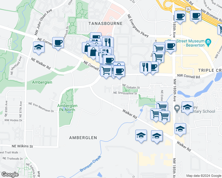 map of restaurants, bars, coffee shops, grocery stores, and more near 1807 Northeast 101st Avenue in Hillsboro