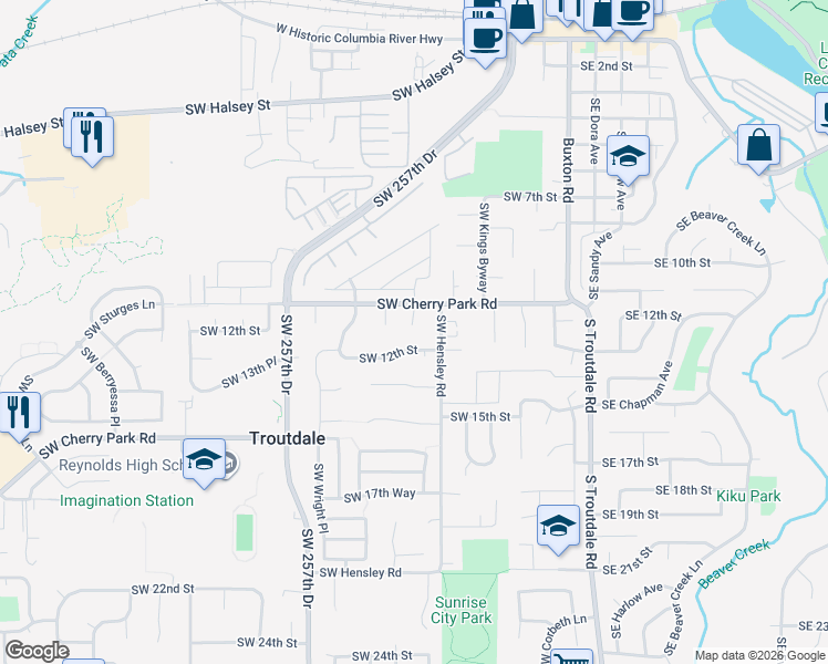 map of restaurants, bars, coffee shops, grocery stores, and more near 675 Southwest 12th Street in Troutdale