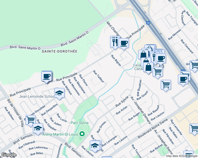 map of restaurants, bars, coffee shops, grocery stores, and more near 730 Rue Tailleur in Laval