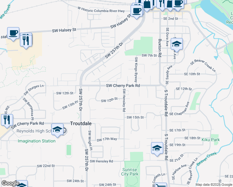 map of restaurants, bars, coffee shops, grocery stores, and more near 675 Southwest 12th Street in Troutdale