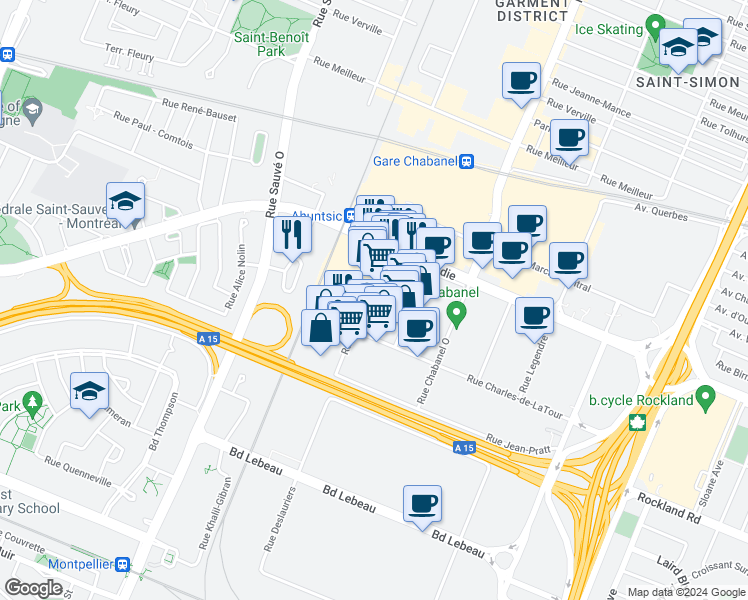 map of restaurants, bars, coffee shops, grocery stores, and more near 1300 Rue de Louvain Ouest in Montréal