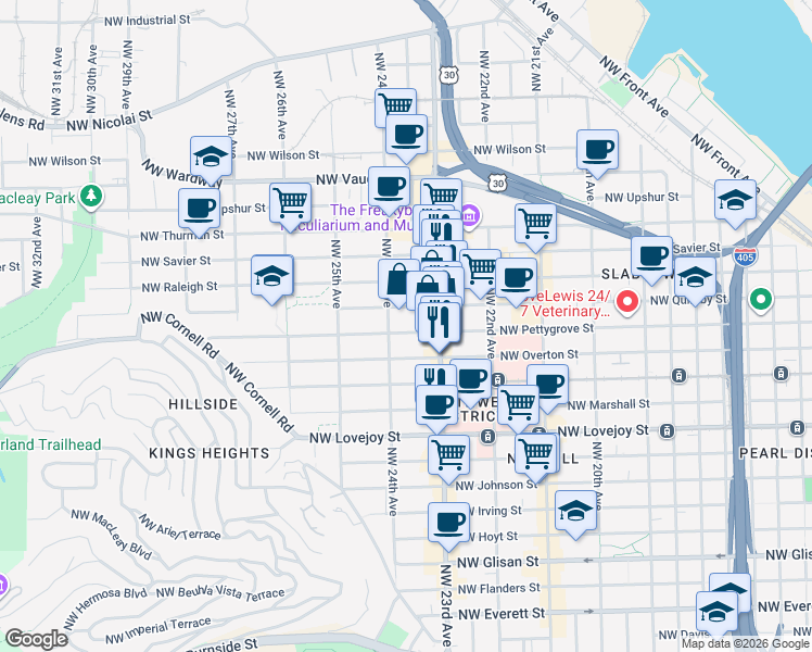 map of restaurants, bars, coffee shops, grocery stores, and more near 2361 Northwest Pettygrove Street in Portland