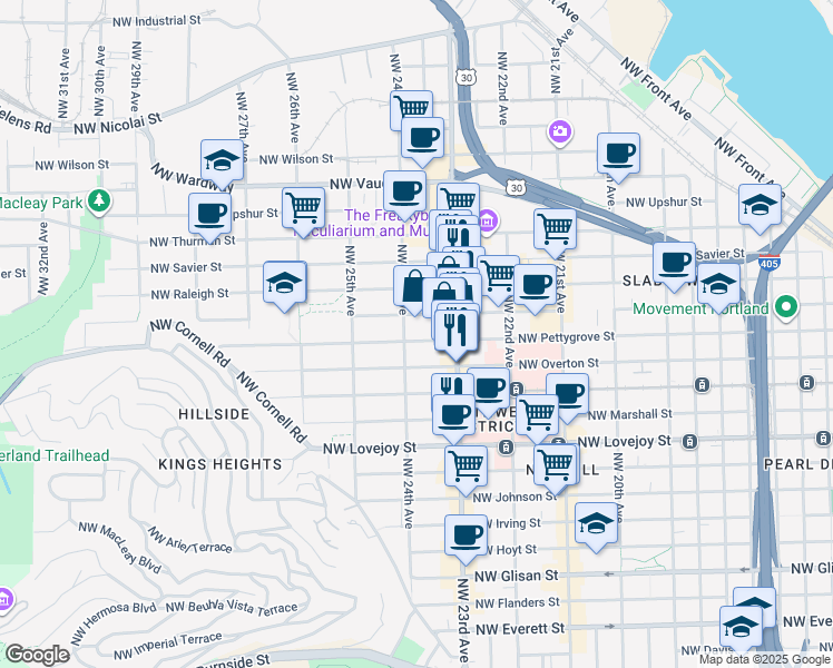 map of restaurants, bars, coffee shops, grocery stores, and more near 2373 Northwest Pettygrove Street in Portland