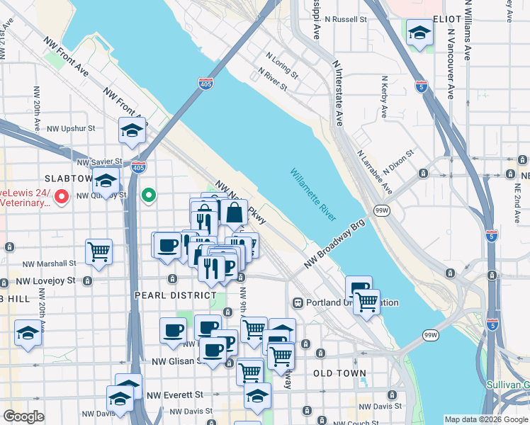 map of restaurants, bars, coffee shops, grocery stores, and more near 1310 Northwest Naito Parkway in Portland