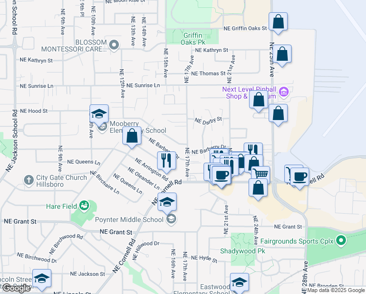 map of restaurants, bars, coffee shops, grocery stores, and more near 1696 Northeast Kennedy Lane in Hillsboro