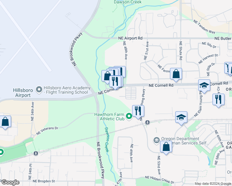 map of restaurants, bars, coffee shops, grocery stores, and more near 4550 Northeast Cornell Road in Hillsboro