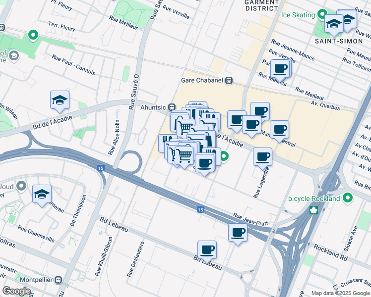 map of restaurants, bars, coffee shops, grocery stores, and more near 1450 Rue Mazurette in Montréal