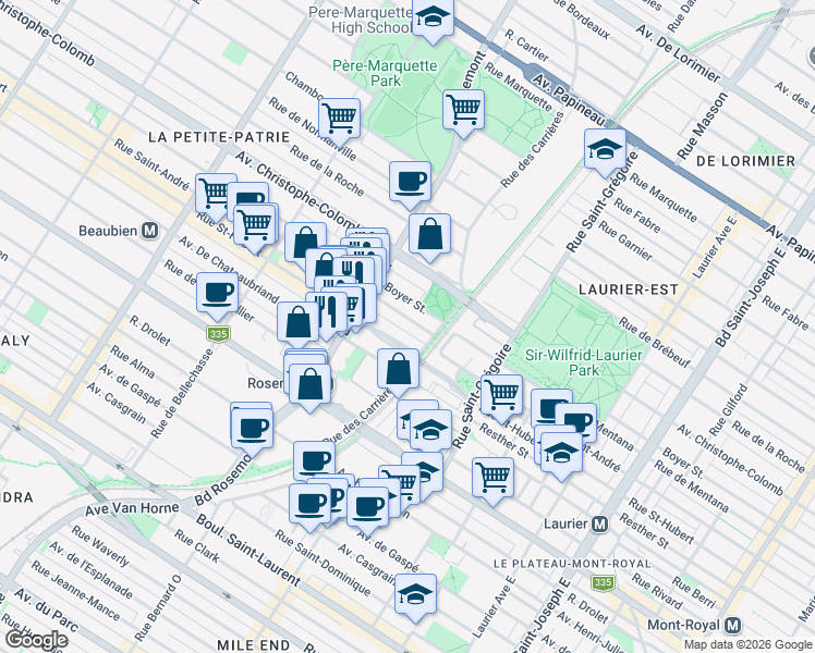 map of restaurants, bars, coffee shops, grocery stores, and more near 5668 Rue Saint-André in Montréal
